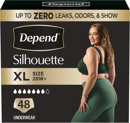 Depend Silhouette Adult Diapers, Incontinence & Postpartum Bladder Leak Underwear for Women, Maximum Absorbency, Extra Large, Black, 48 Count (2 Packs of 24), Packaging May Vary